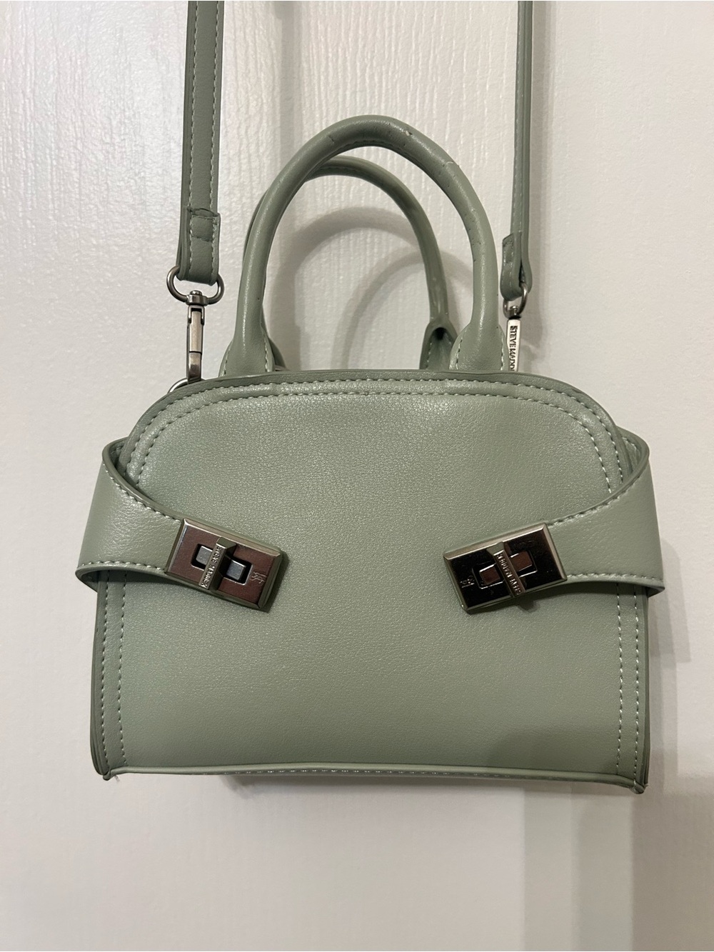 Steve Madden Sage Green Mini Satchel with Houndstooth Teddy Charm - Picture 3 of 9